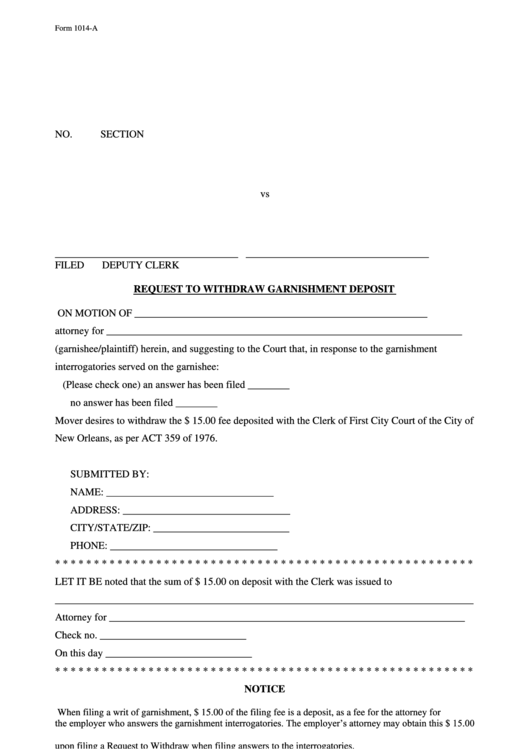 Fillable Form 1014-A - Request To Withdraw Garnishment Deposit Printable pdf