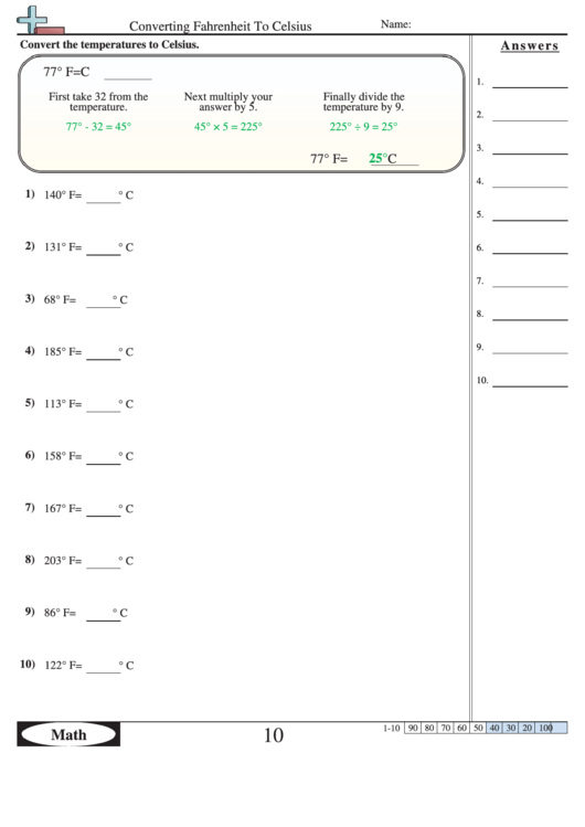 Converting Fahrenheit To Celsius Worksheet Printable pdf