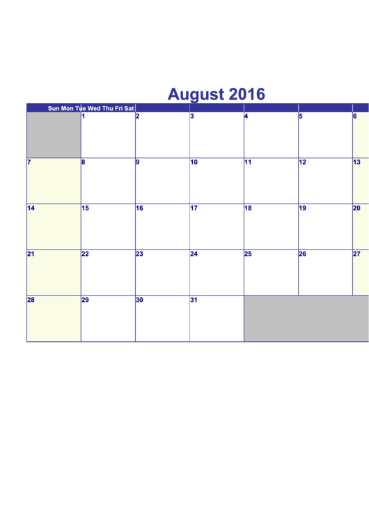 August 2016 Calendar Template - Horizontal Printable pdf