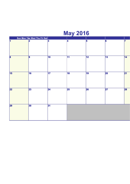 May 2016 Calendar Template - Horizontal