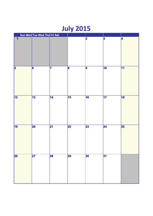 Calendar Template - July 2015 Printable pdf