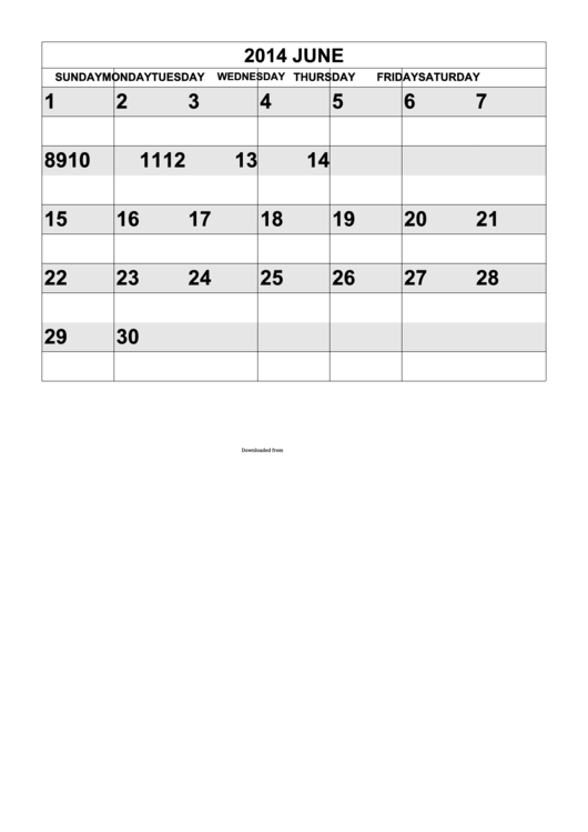 Calendar Template - June 2014 Printable pdf
