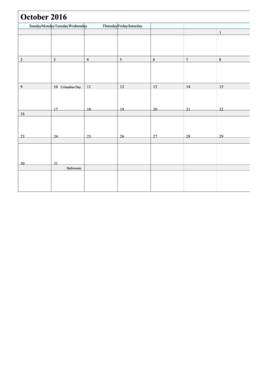 October 2016 Calendar Template Printable pdf