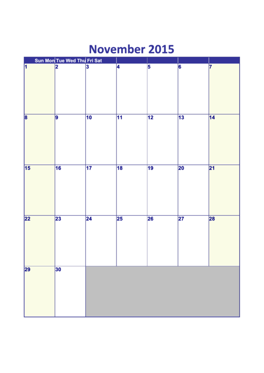 Calendar Template - November 2015 Printable pdf