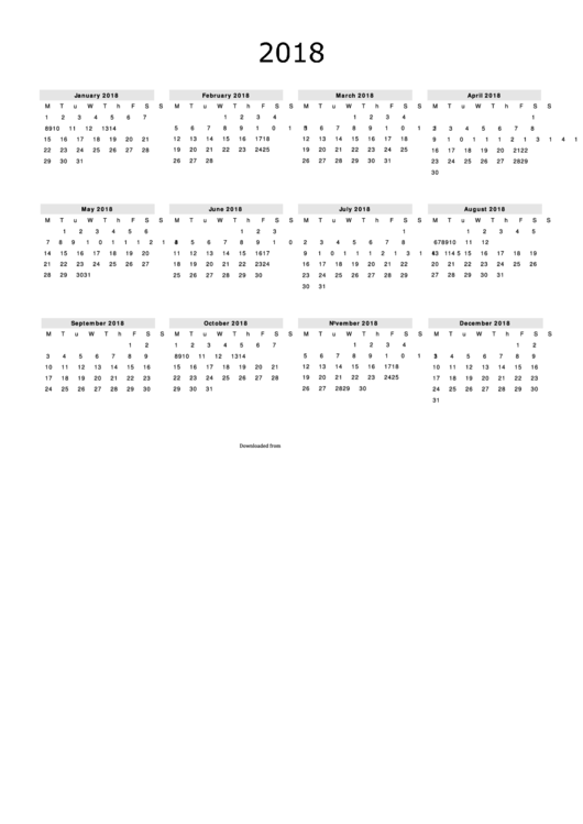 2018 Yearly Calendar Template - B&w, Landscape Printable pdf