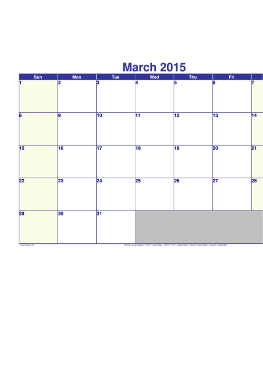 2015 March Calendar Template Printable pdf