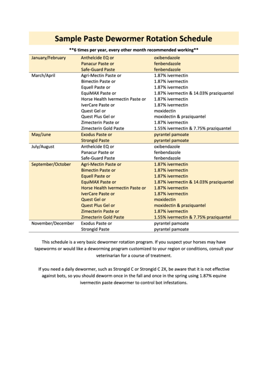 Sample Paste Dewormer Rotation Schedule Printable pdf