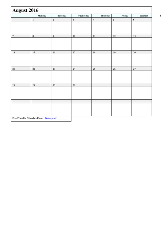 August Calendar Template - 2016 Printable pdf