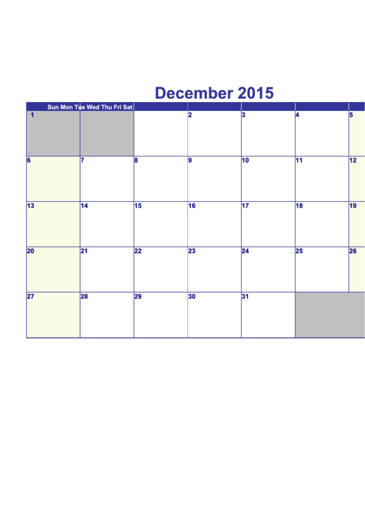 Calendar Template - December 2015 Printable pdf