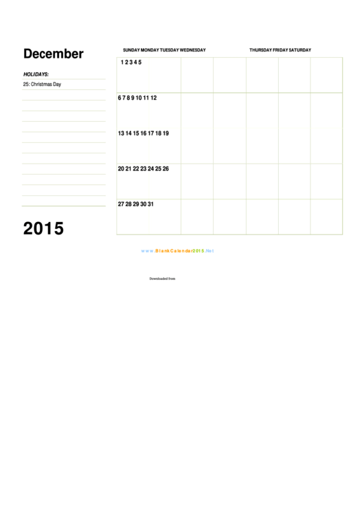December 2015 Calendar Template Printable pdf