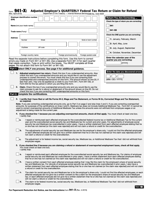 Fillable Form 941-X - Adjusted Employer
