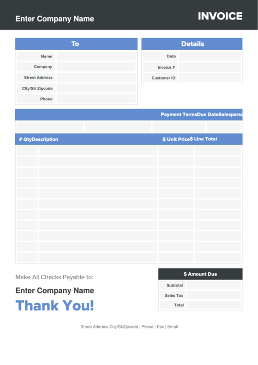 Fillable Catering Invoice Template - Blue Printable pdf
