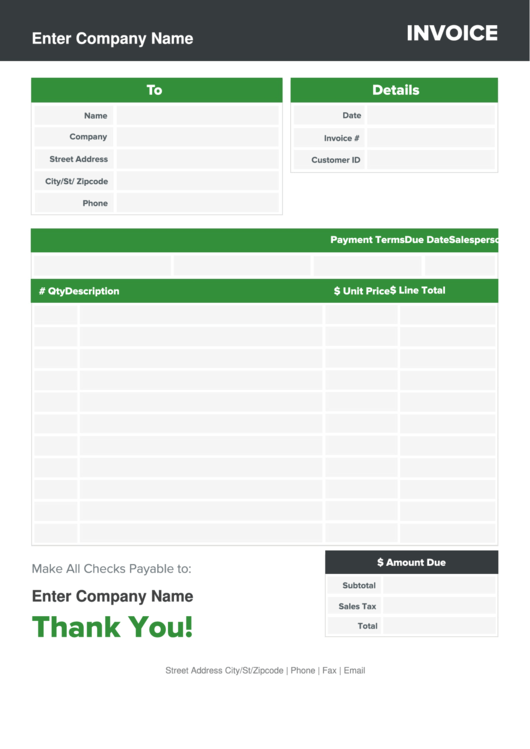Fillable Catering Invoice Template - Green Printable pdf