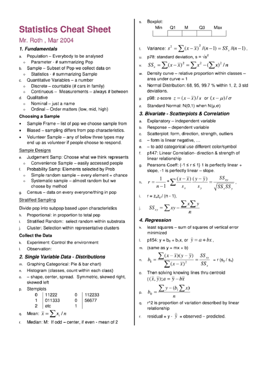 Statistics Cheat Sheet Printable pdf