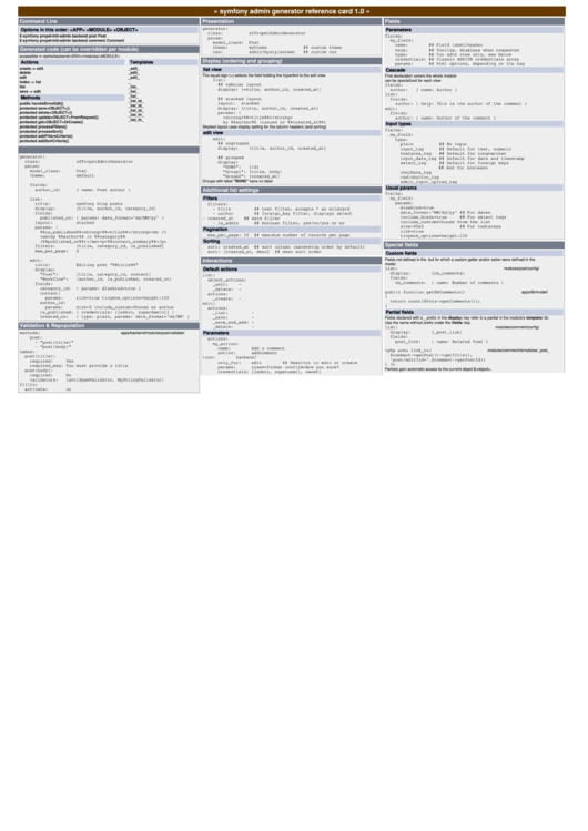 Symfony Admin Generator Reference Card Printable pdf