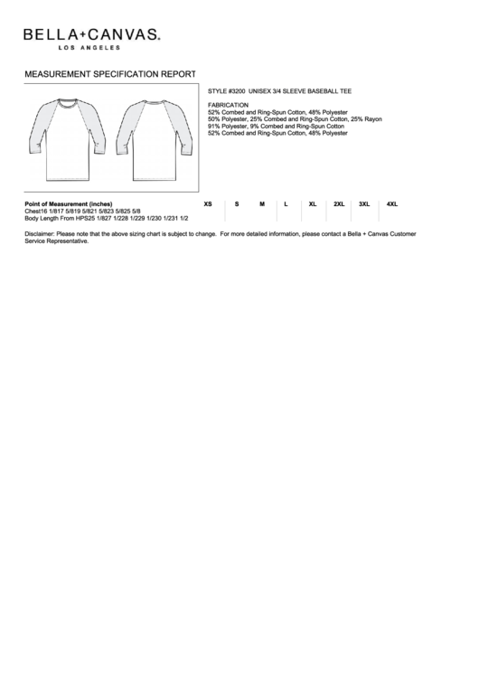 Bella+canvas Unisex 3/4 Sleeve Baseball Tee Size Chart Printable pdf