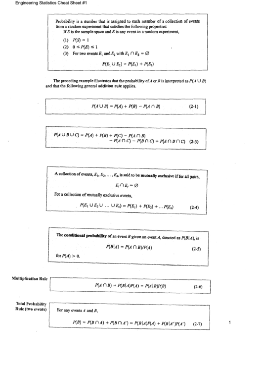 Engineering Statistics Cheat Sheet Printable pdf