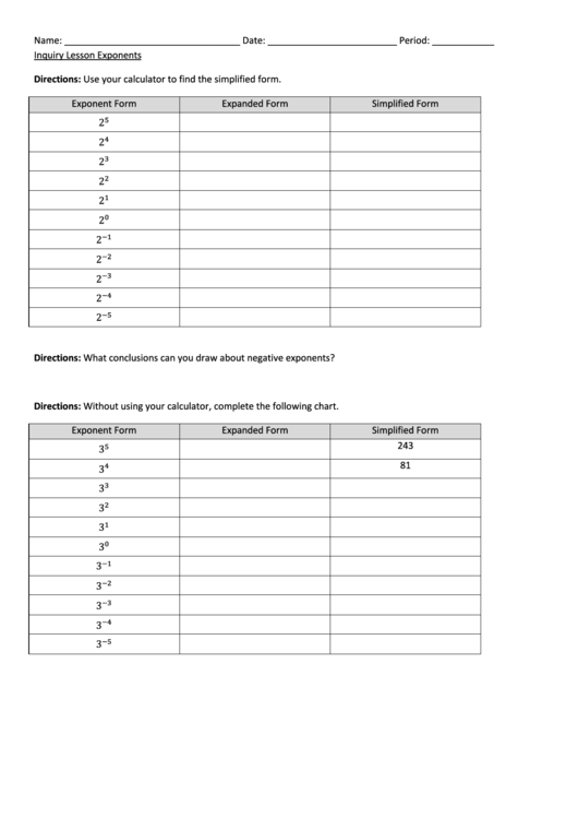 Inquiry Lesson Exponents Worksheet Printable pdf