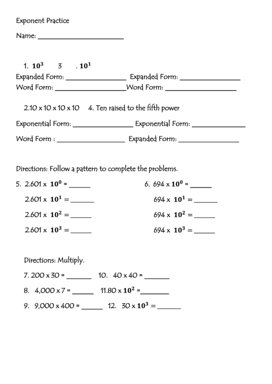 Exponent Practice Worksheet Printable pdf