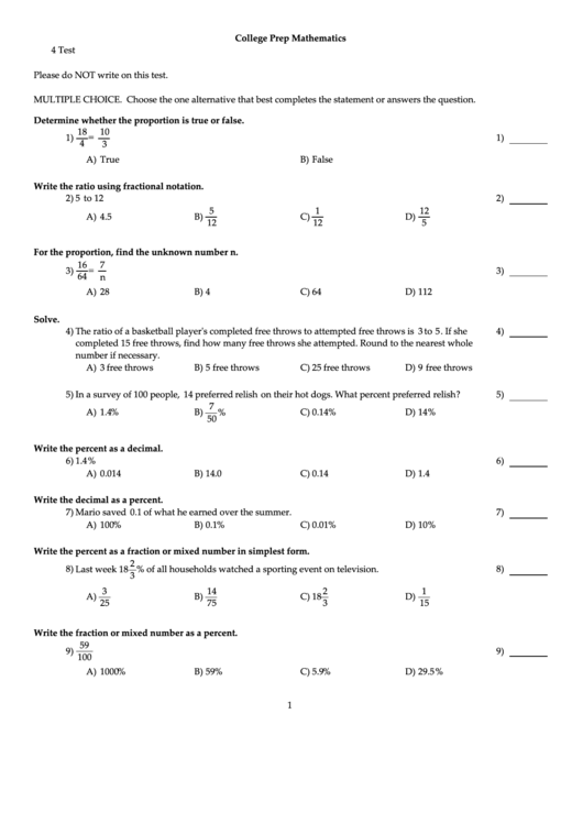 College Prep Mathematics Test Printable pdf