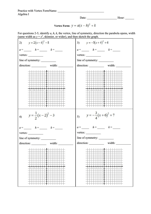 Practice With Vertex Form Printable pdf