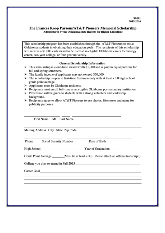 Fillable General Scholarship Information Printable pdf