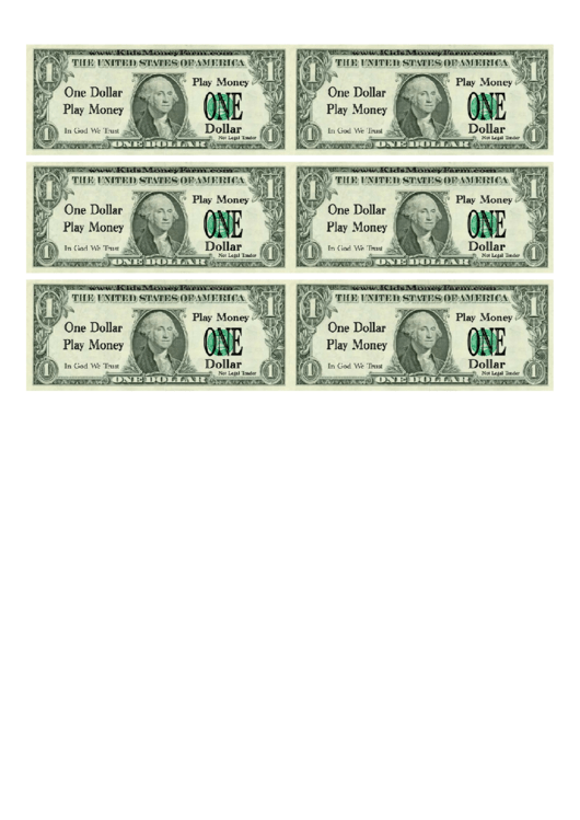 One Dollar Bill Play Money Template Printable pdf