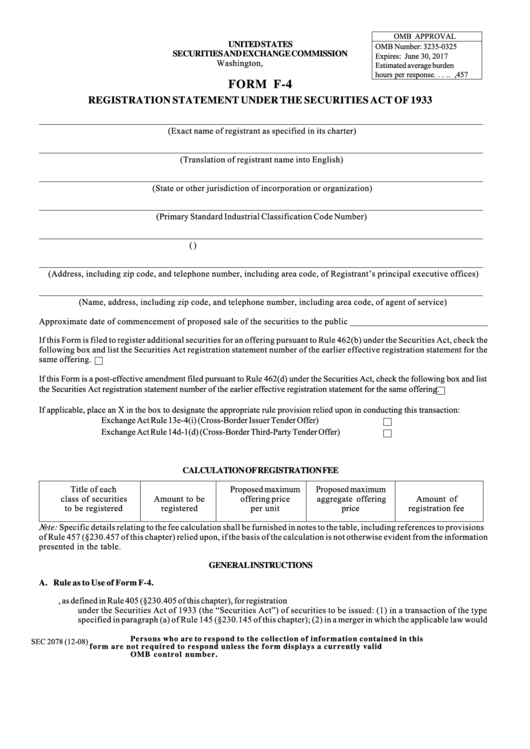 Fillable Registration Statement Under The Securities Act Of 1933 Form F4 Printable pdf