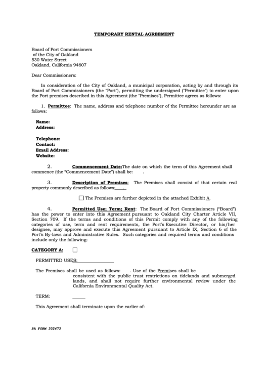 Oakland Temporary Rental Agreement Form Printable pdf