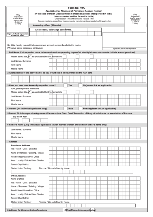 Fillable Form 49a - Application For Allotment Of Permanent Account Number Printable pdf