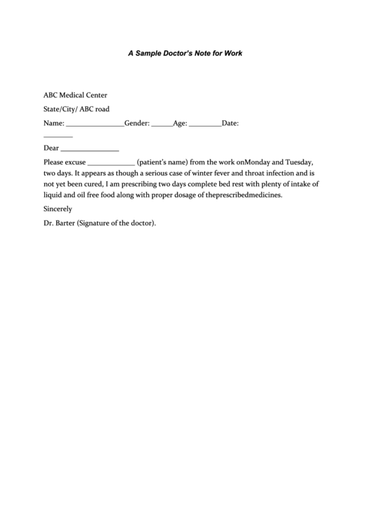 A Sample Doctor'S Note For Work printable pdf download