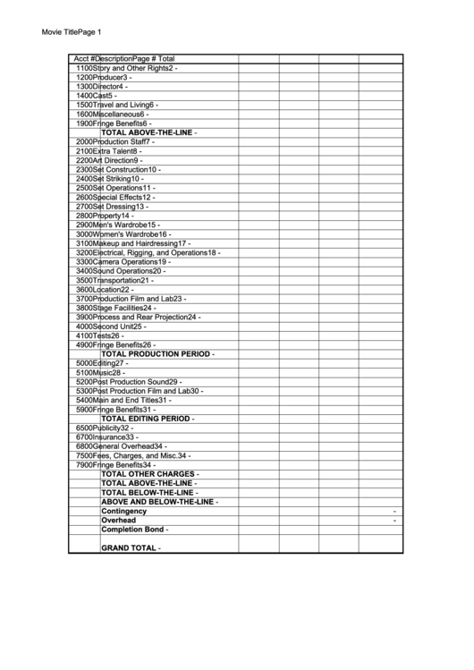 Film Budget Template Printable pdf