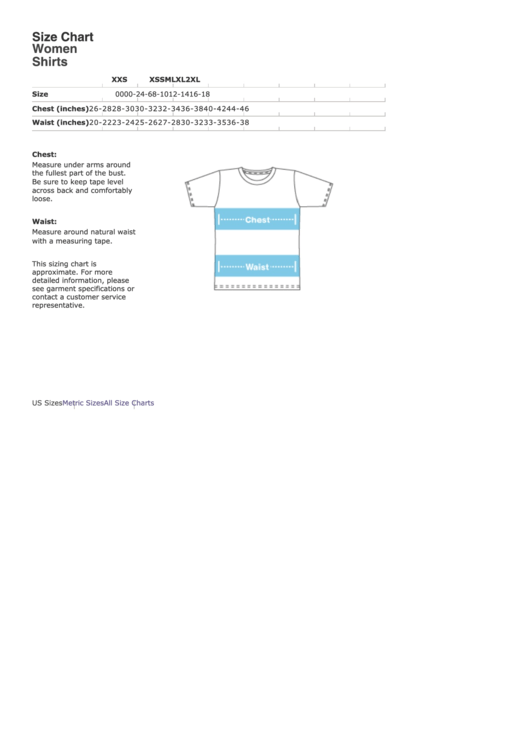 Women Shirts Size Chart Printable pdf