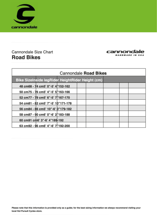 Cannondale Road Bikes Size Chart Printable pdf