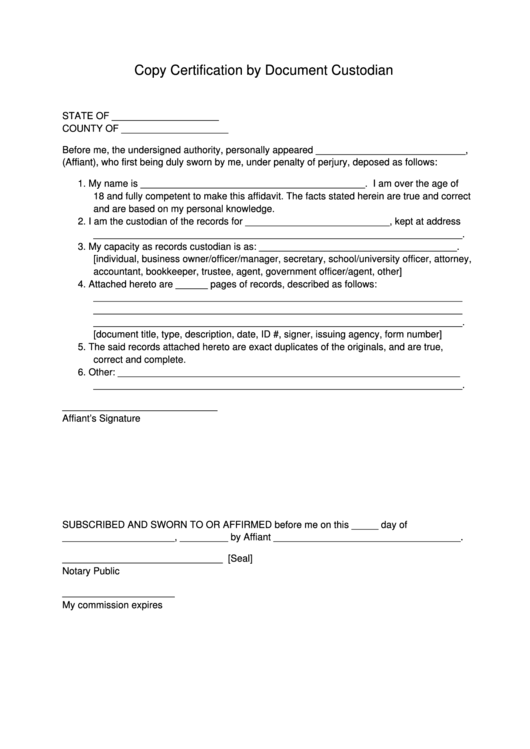 Copy Certification By Document Custodian Printable pdf