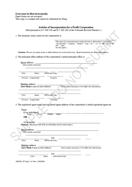 Form Artinc_pc Sample - Articles Of Incorporation For A Profit Corporation - 2008 Printable pdf