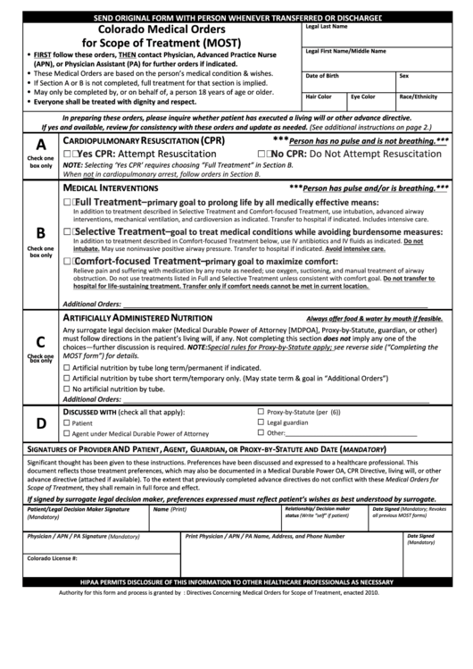Colorado Medical Orders For Scope Of Treatment (Most) Form Printable pdf
