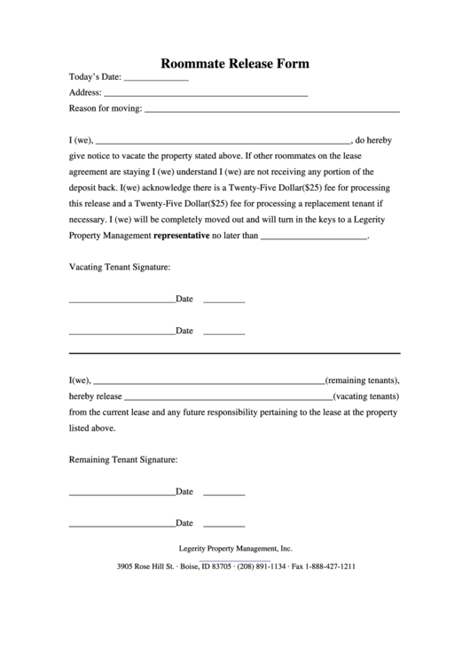 Roommate Release Form Printable Pdf Download