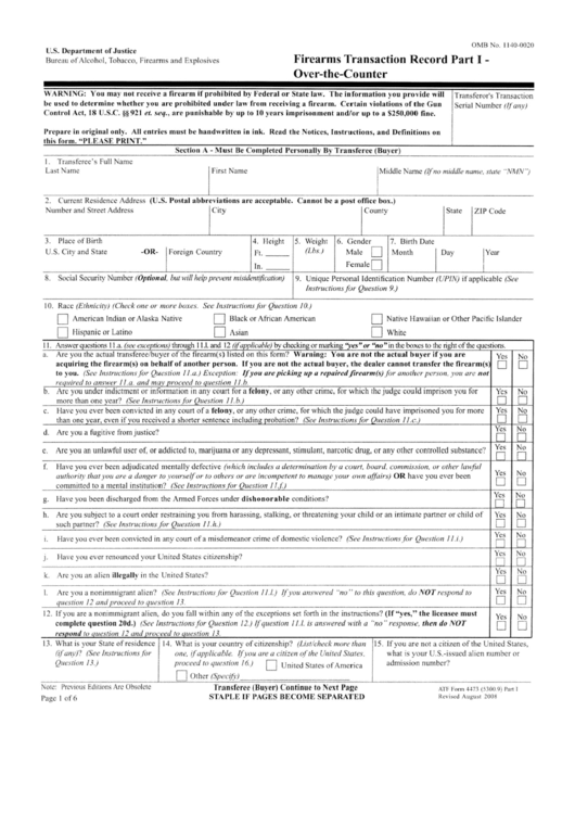 Atf Form 4473 - Firearm Transaction Record Printable pdf