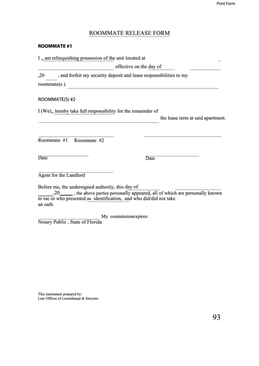 Fillable Roommate Release Form Printable pdf