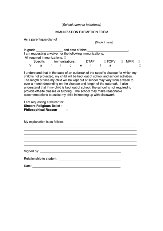 Immunization Exemption Form Printable pdf