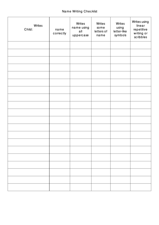 Pre-K Assessment Forms - Name Writing Checklist Printable pdf