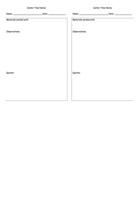 Pre-K Assessment Forms - Center Time Notes Printable pdf