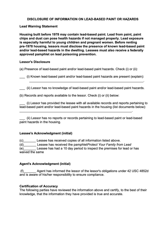 Disclosure Of Information On Lead-Based Paint Or Hazards Printable pdf