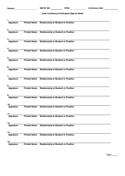 Case Conference Participant Sign-in Sheet Template