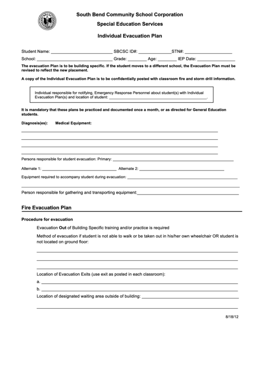 Fillable Individual Evacuation Plan Printable pdf