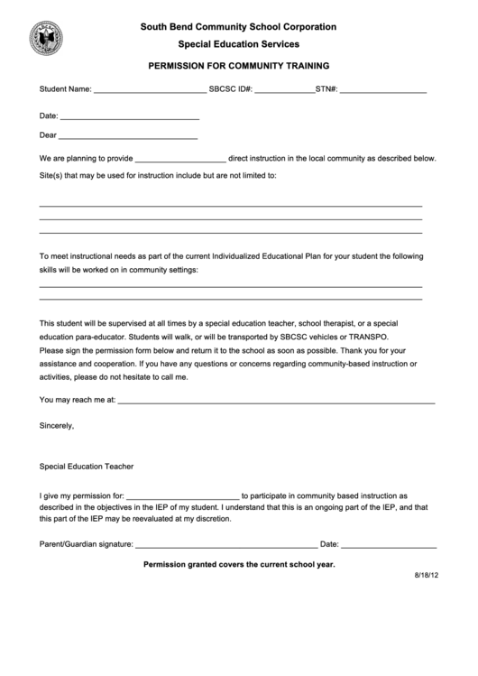 Permission For Community Training Printable pdf