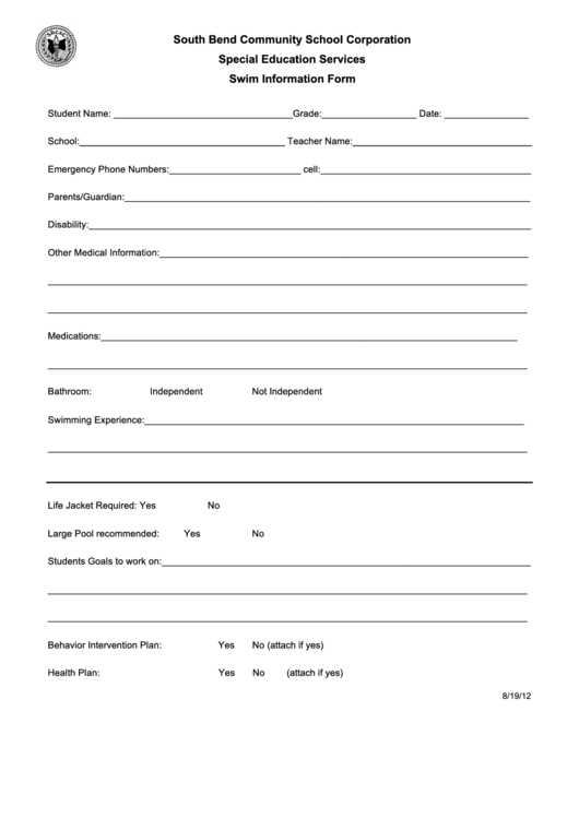 Special Education Services Swim Information Form Printable pdf