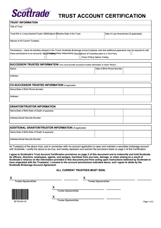 Fillable Trust Account Certification Form Printable pdf