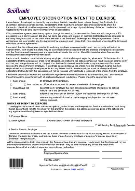 Fillable Employee Stock Option Intent To Exercise Form Printable pdf